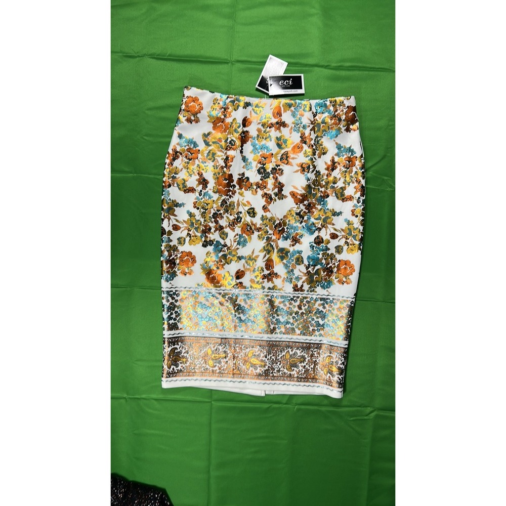 ECI New York Metallic Floral Scuba Pencil Skirt Ivory Gold Teal Medium